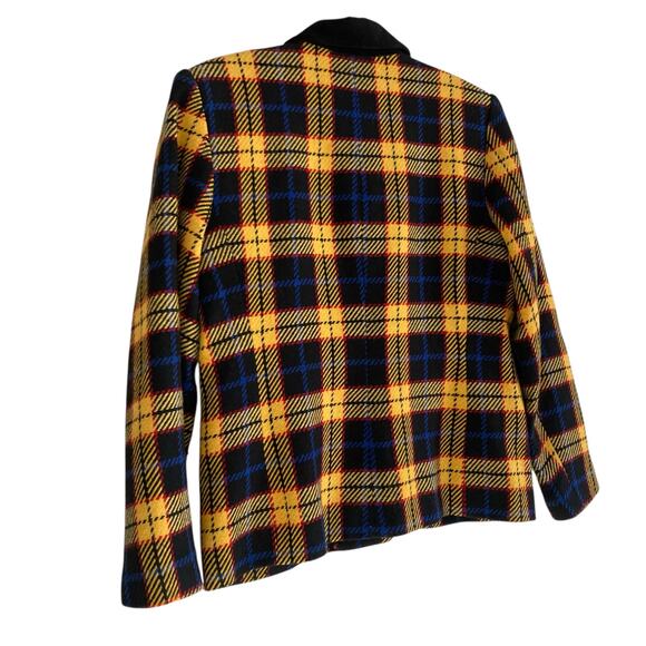 Vintage 90s Joan Leslie Yellow Black Tartan Wool Twill Velvet Blazer Size Medium - Picture 15 of 16